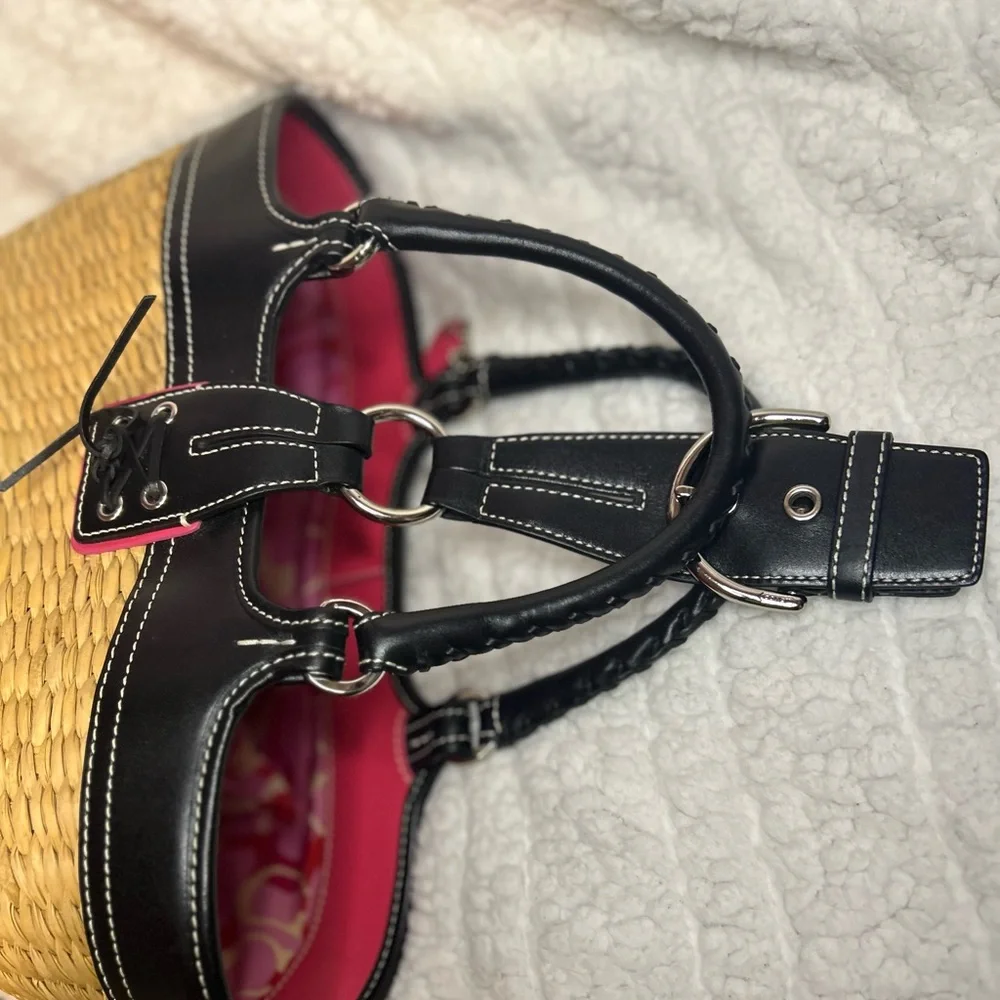 Coach Straw Tote Black Leather Pink Signature Lining RARE - Picture 8 of 10